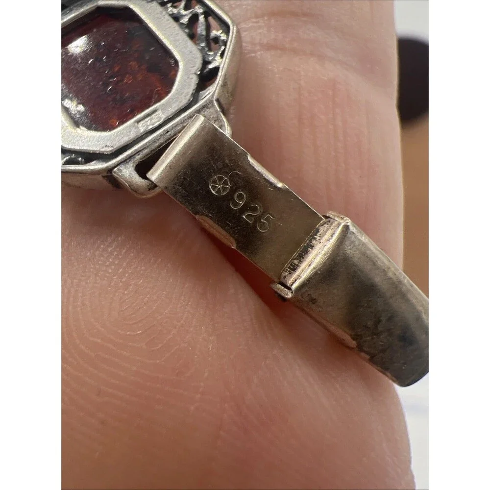 Vintage Bohemian Style Sterling Silver Amber Cabochon Link Bracelet